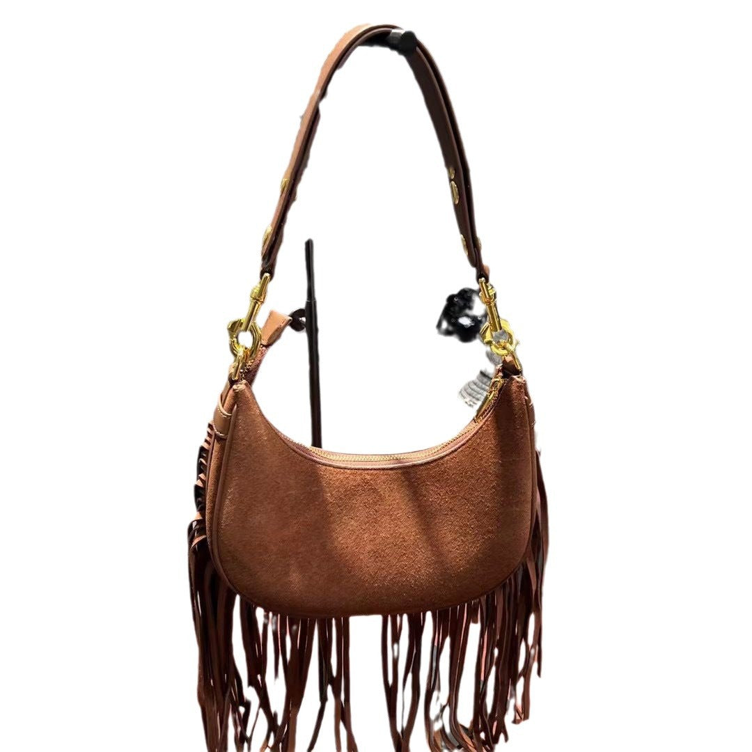 2023新款网红同款时尚百搭复古棕色流苏设计单肩斜挎包包女牛皮潮