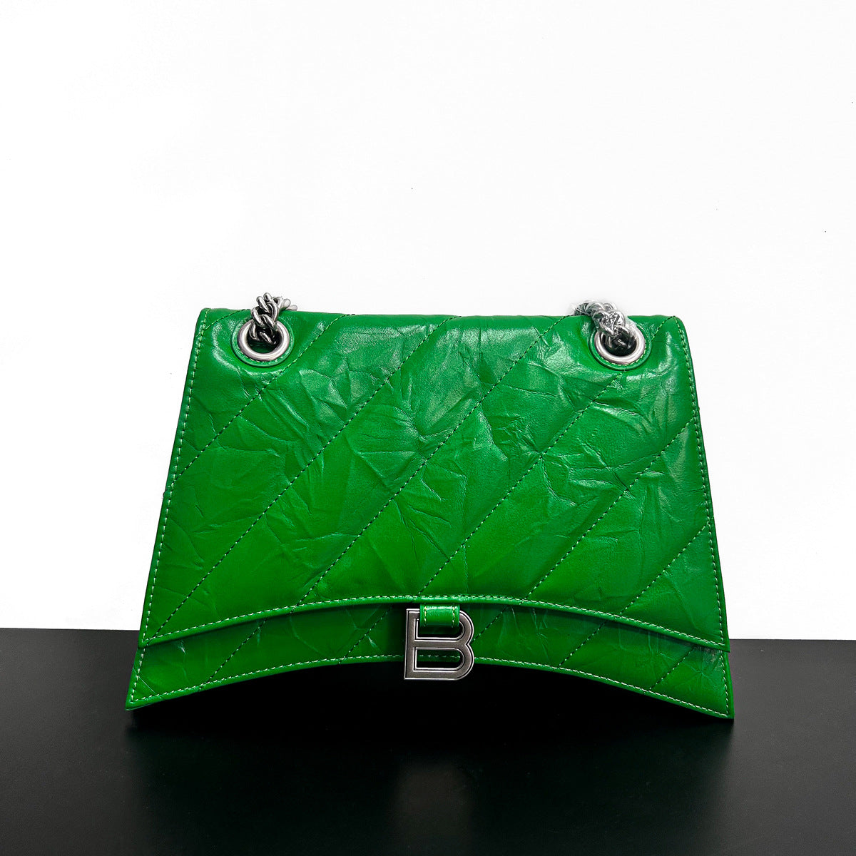 头层牛皮沙漏包2022秋冬新款褶皱菱格链条包b家单肩斜挎女通勤