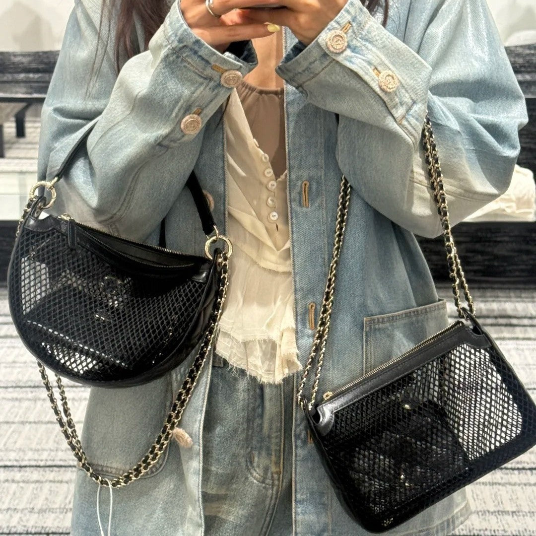 小香风25S编织镂空新月包高级感真皮单肩斜挎链条包手提DIY网纱包