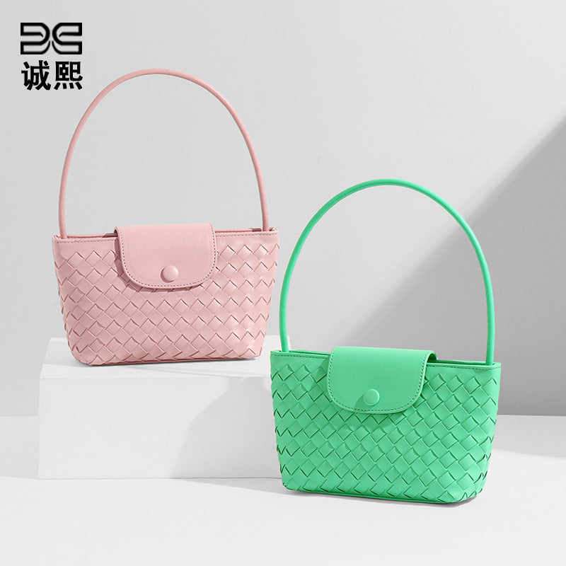 广州工厂批发包包女马卡龙可爱时尚编织手拎腋下包翻盖单肩斜挎包