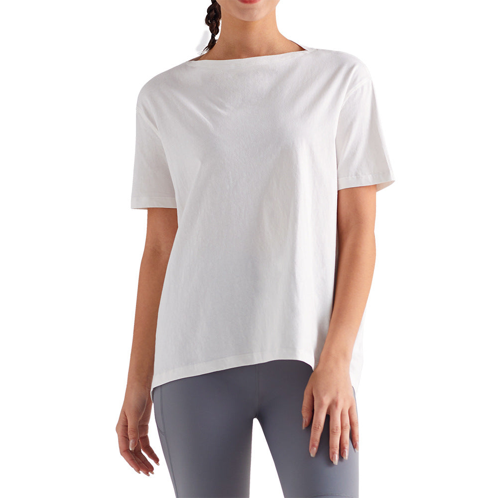 速干运动短袖女夏季宽松纯色瑜伽罩衫健身服一字领T恤休闲上衣