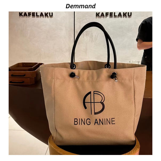 大容量托特包高品质子母印花棉麻帆布真皮手拎袋度假帆布袋文艺包