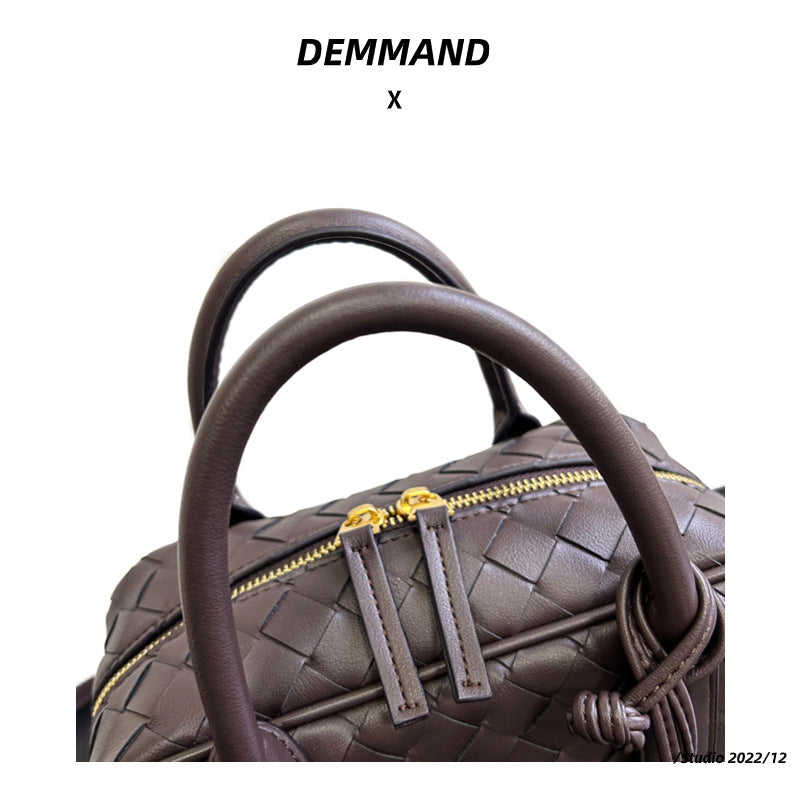 进口2023牛皮编织手提小方包饭盒包斜挎包高级冷波士顿编织小方包