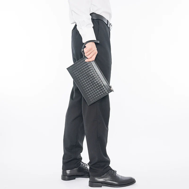 X&BV男士手包真皮大容量手拿包男商务休闲编织男包信封包手抓包潮