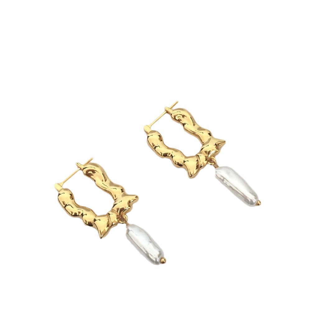 赛林家新款方形珍珠耳环女高级感个性气质黄铜镀金几何形耳扣