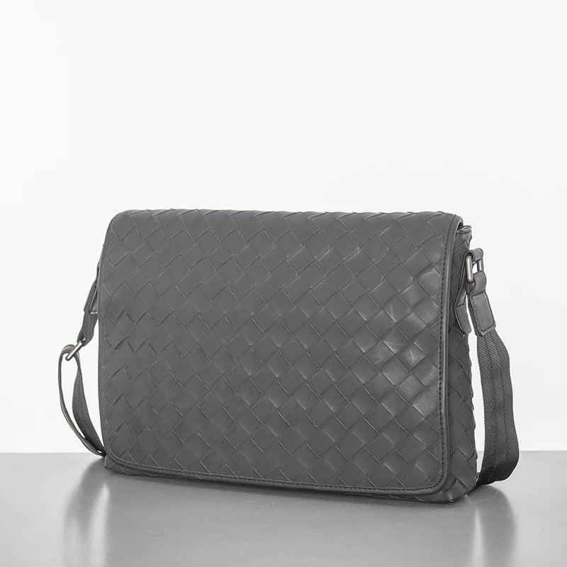 X&BV新款编织潮牌男士单肩包大容量真皮休闲横款翻盖商务斜挎包男