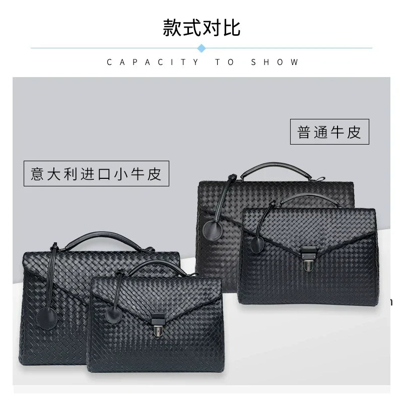 x&bv公文包男真皮商务手提包翻盖横款手拎包休闲编织男包电脑包大