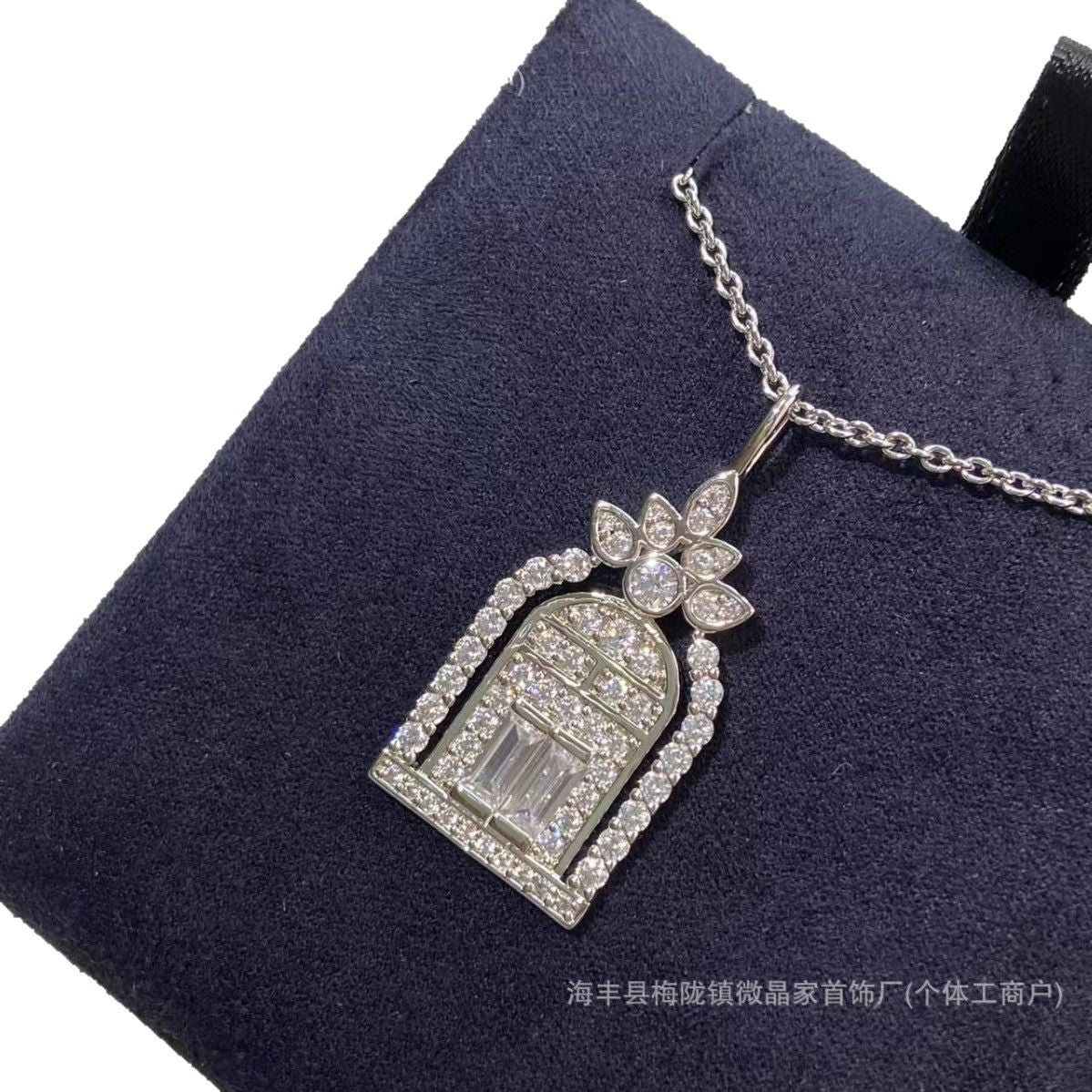 高版海瑞S925纯银满钻幸福之门项链高级时尚通勤吊坠项链
