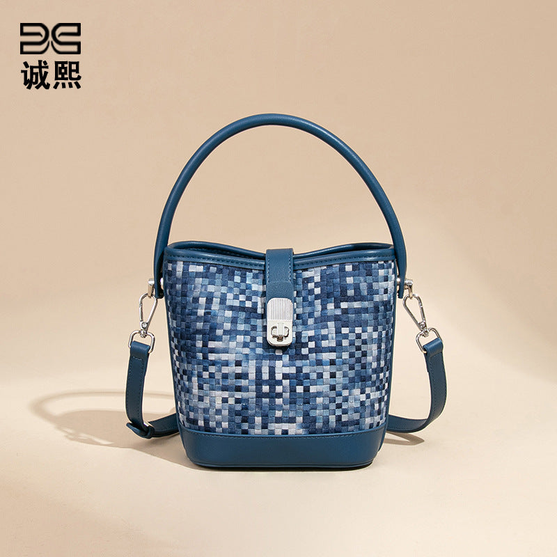 潮流撞色手提包个性百搭编织女包大容量水桶包质感休闲单肩斜跨包