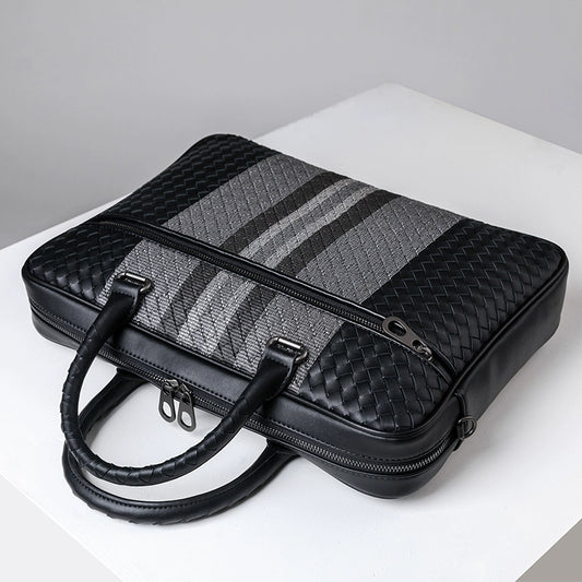 X&BV男包手提包真皮编织男士公文包大牛皮商务休闲单肩斜挎手拎包