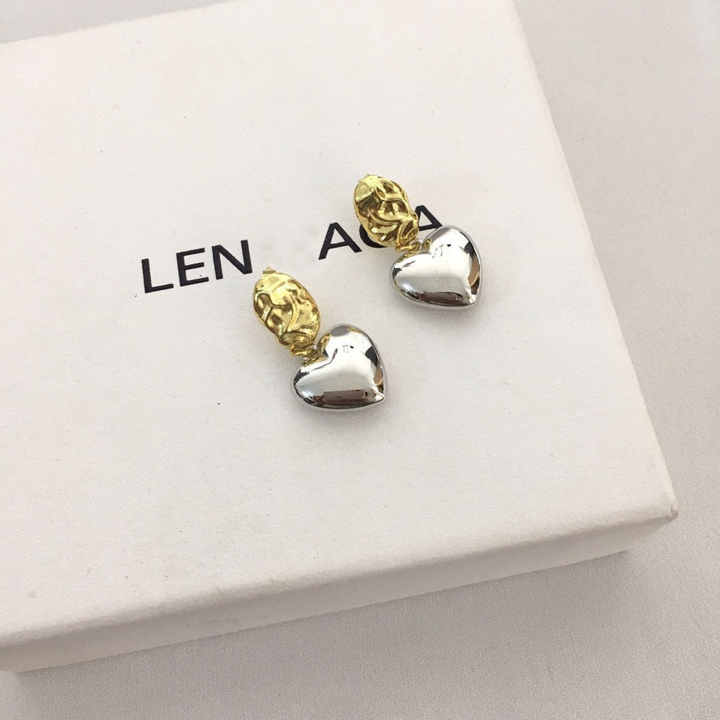 B家21新款爱心耳坠女不规则凹凸耳钉高级感气质光面撞色心形耳环