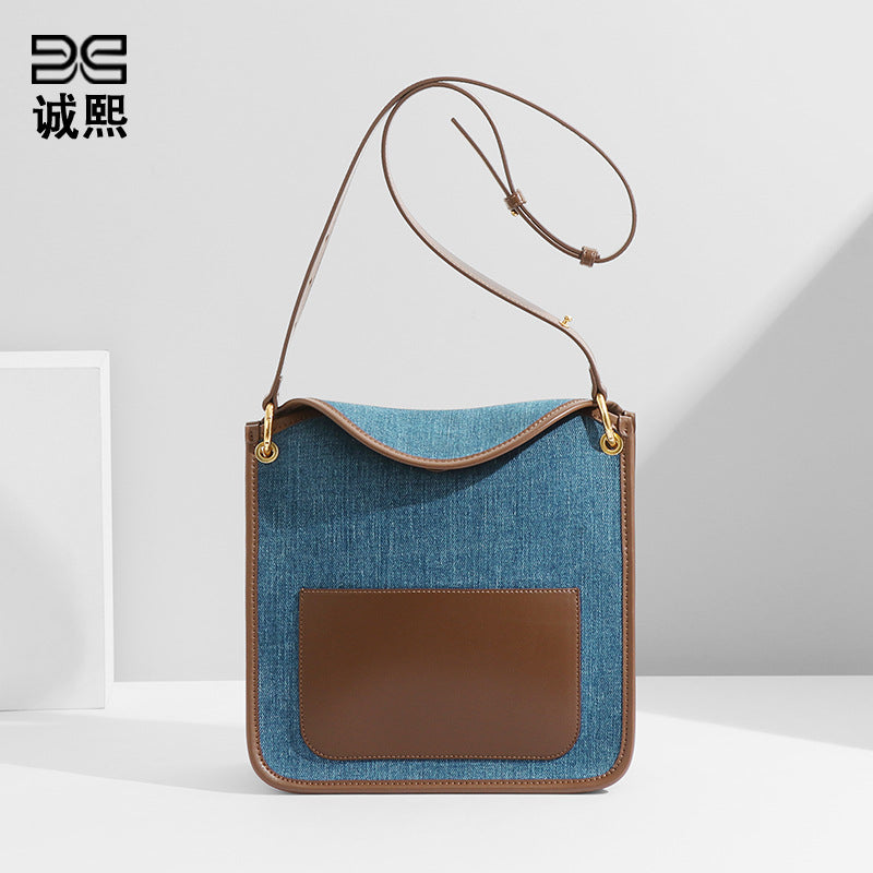 小众设计原创包包女牛仔布撞色复古大容量背包托特包单肩包斜挎包