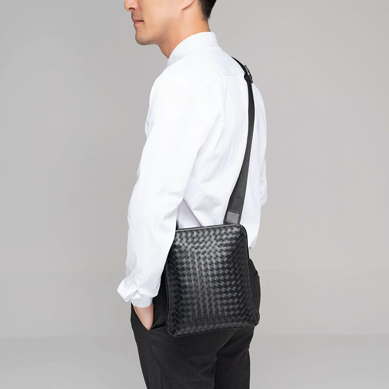 x&bv男包真皮背包单肩包斜挎包男士休闲牛皮编织竖款时尚小平板包