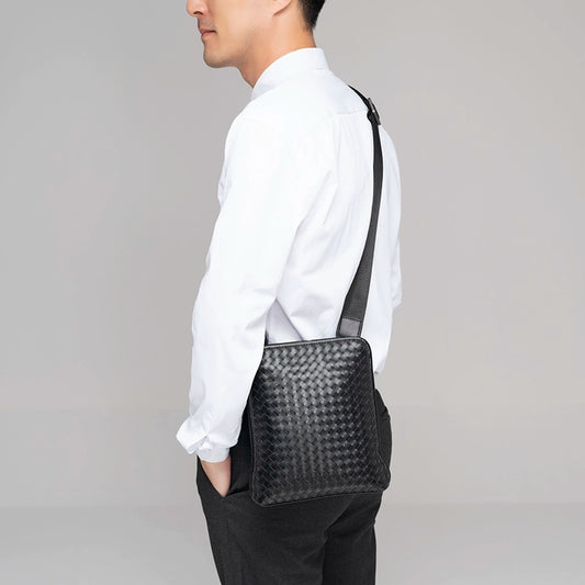 x&bv男包真皮背包单肩包斜挎包男士休闲牛皮编织竖款时尚小平板包