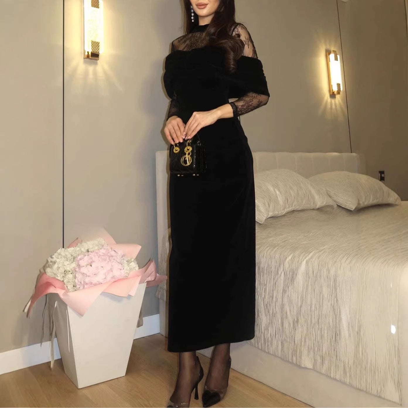 2025新款亚马逊独立站丝绒披肩礼服修身长裙女