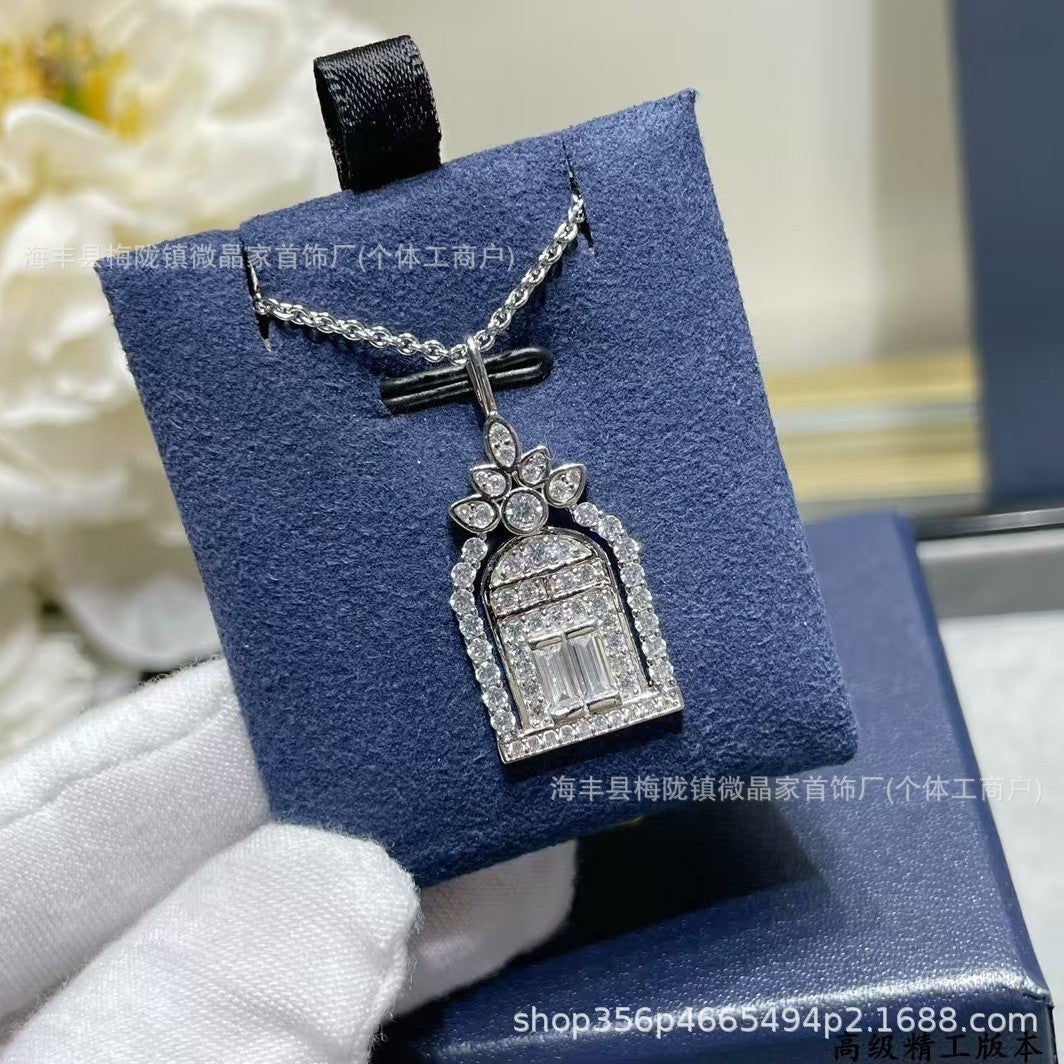 高版海瑞S925纯银满钻幸福之门项链高级时尚通勤吊坠项链