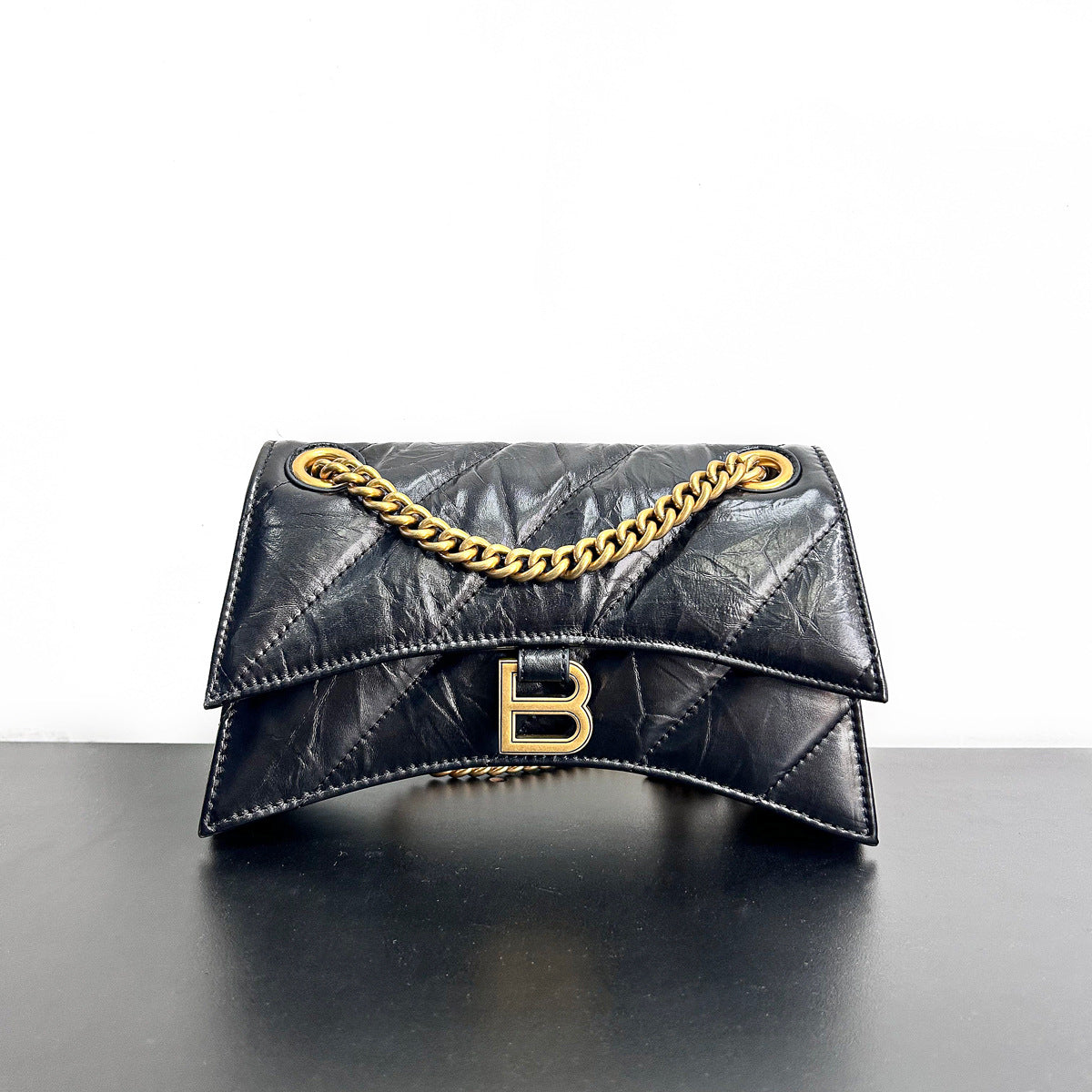 头层牛皮沙漏包2022秋冬新款褶皱菱格链条包b家单肩斜挎女通勤