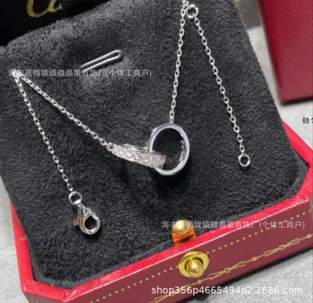 卡家高版本双环带钻项链S925银镀18K玫瑰金项链CNC精工厂家直销
