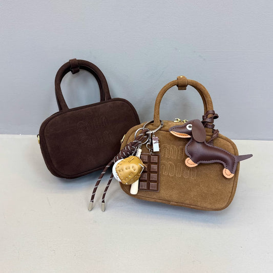 秋冬麂皮磨砂牛皮mini保龄球手提包真皮小方包手机包单肩斜挎包女