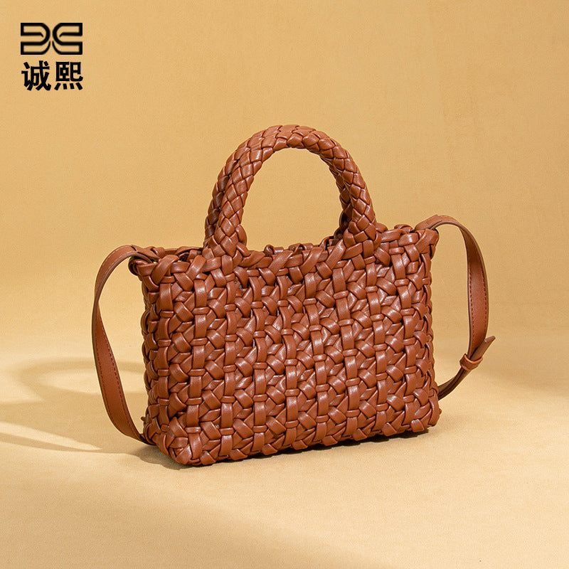 韩版时尚小众织手拎菜篮子母包简约百搭mini纯色斜挎包休闲单肩包