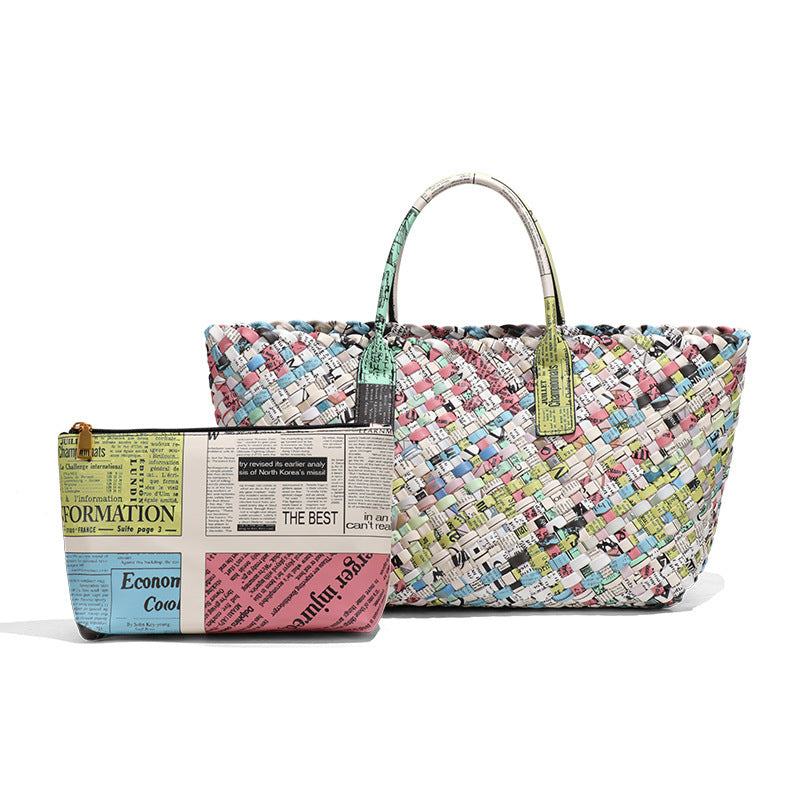 时尚欧美潮流彩色手工编织包大容量托特包手提女包个性百搭子母包