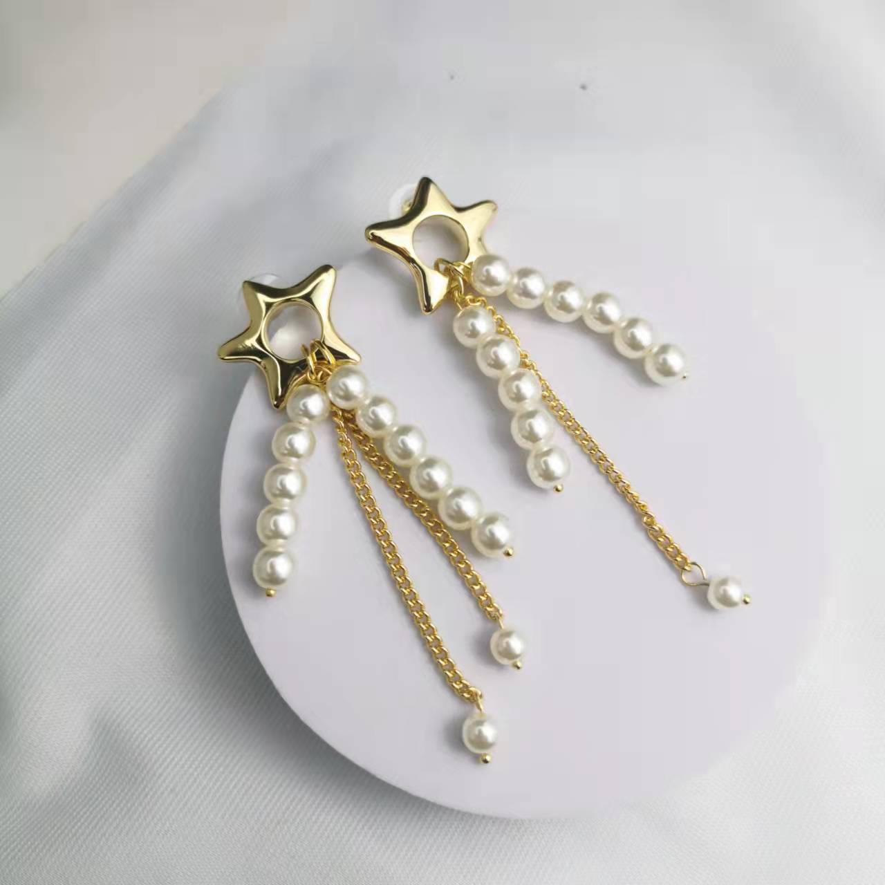 CELI21新款法式五角星珍珠流苏耳钉女高级感气质不对称耳环