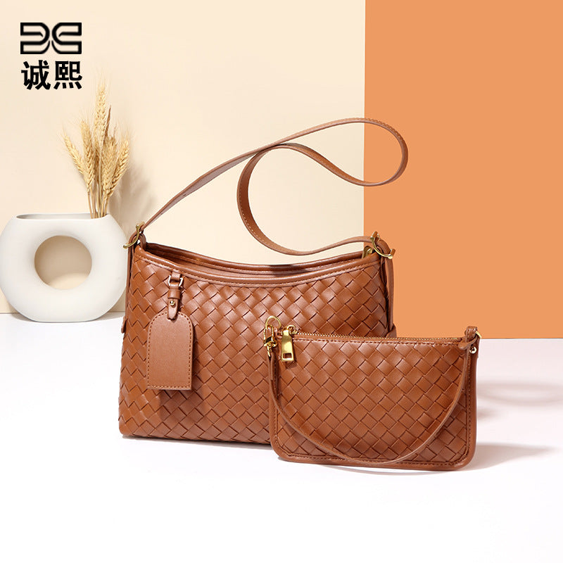 外贸手工编织包包时尚复古两件套单肩斜挎女包质感休闲腋下子母包