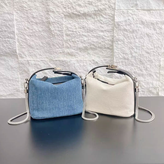 牛皮拼接牛仔布帆布手提饭盒包链条饺子包时尚百搭单肩斜挎小包女