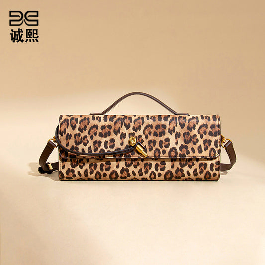 新品风琴横款手拿晚宴包复古豹纹潮流手拎女包单肩斜挎中古法棍包