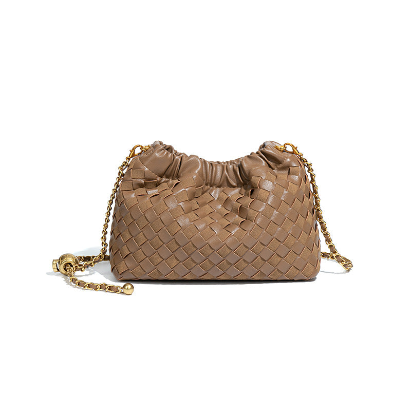 个性时尚小金球皱褶云朵包质感潮流手工编织包休闲女单肩斜跨包