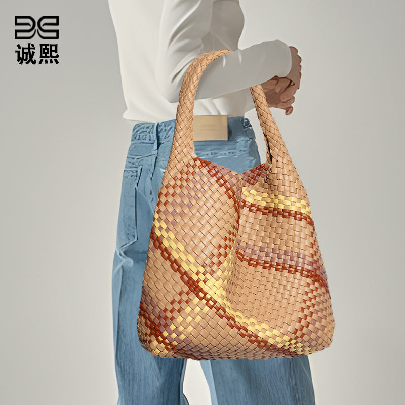 韩版女跨境单肩托特包通勤百搭腋下包大容量手拎包撞色时尚子母包