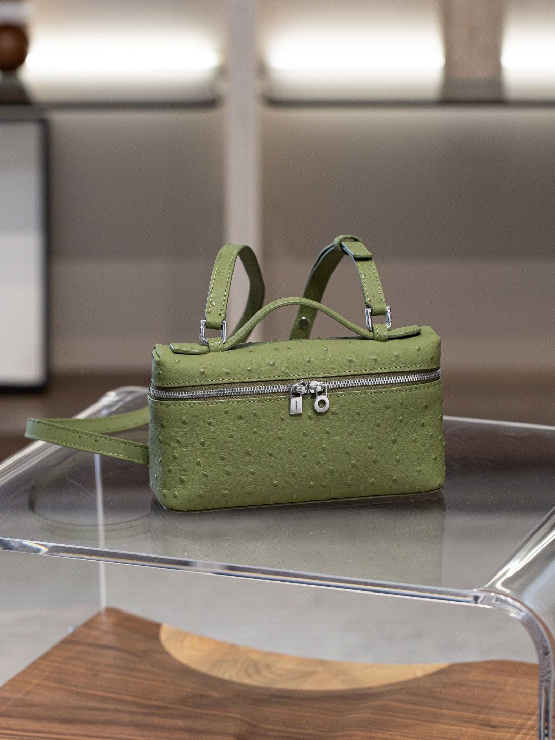 真皮lp包包 19饭盒包高级感鸵鸟纹手提盒子包百搭单肩斜挎小方包