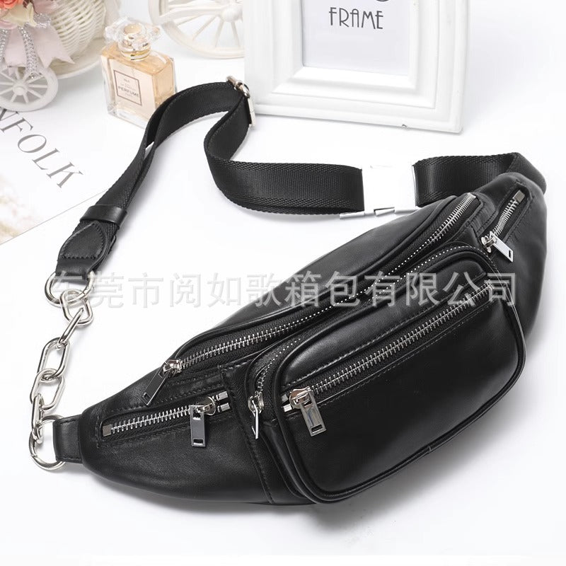 腰包女潮ins桑稚赵露思同款羊皮女胸包真皮百搭单肩斜挎链条小包