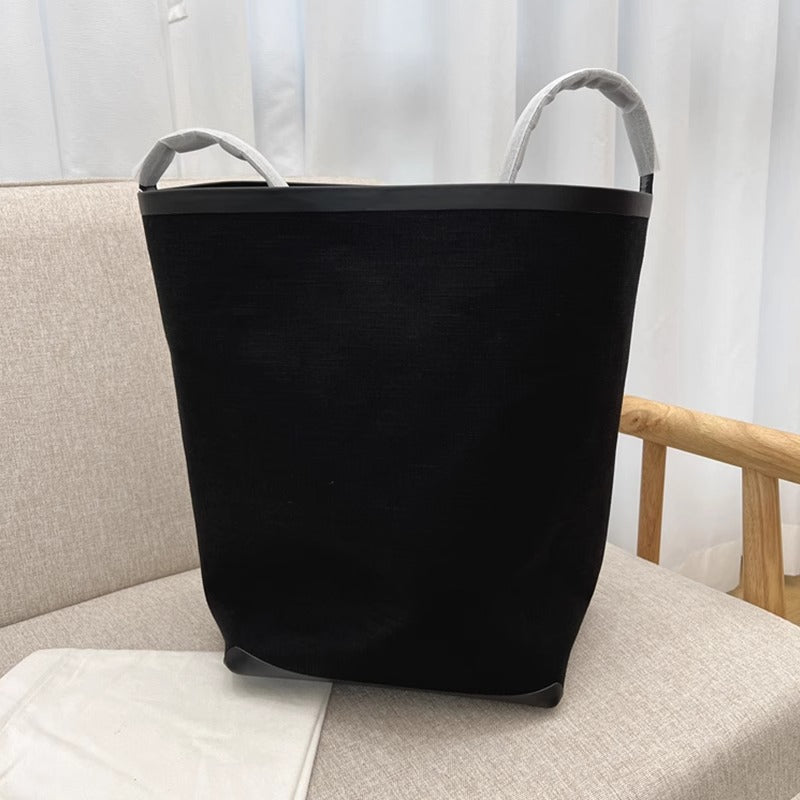 TR高定时尚休闲棉麻拼皮Tote水桶包简约大容量帆布包单肩托特包女