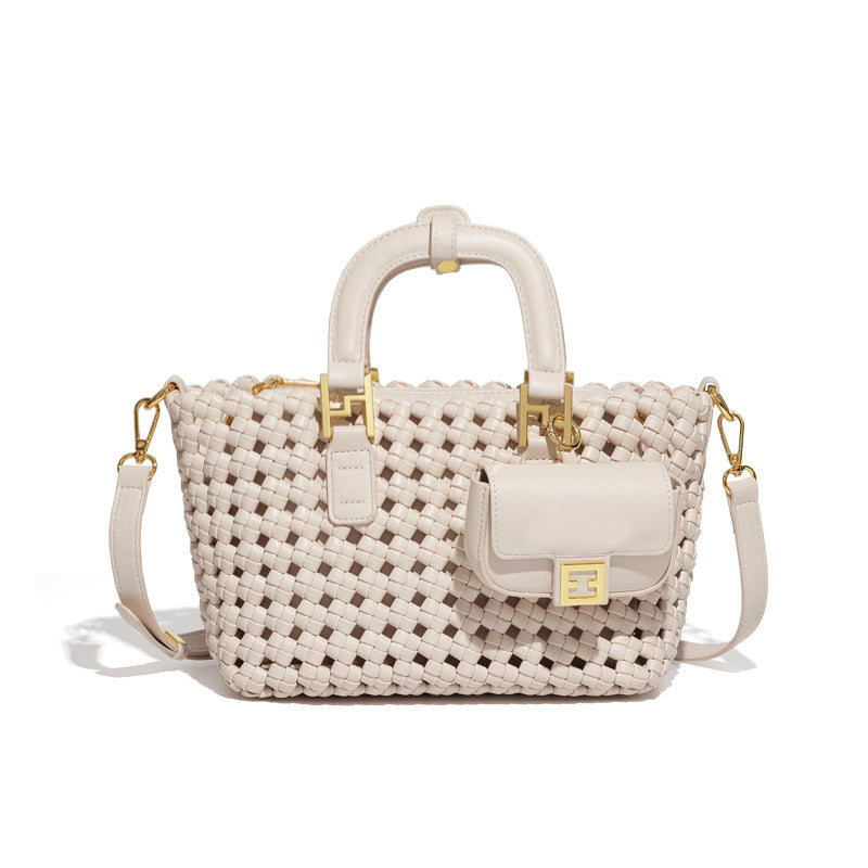 秋冬新款拼色手工编织包复古时尚单肩斜跨包休闲百搭三合一手提包