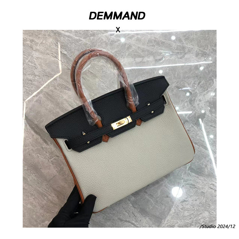 欧洲站真皮女包撞色铂金包荔枝纹头层牛皮手提包简约单肩斜挎包包