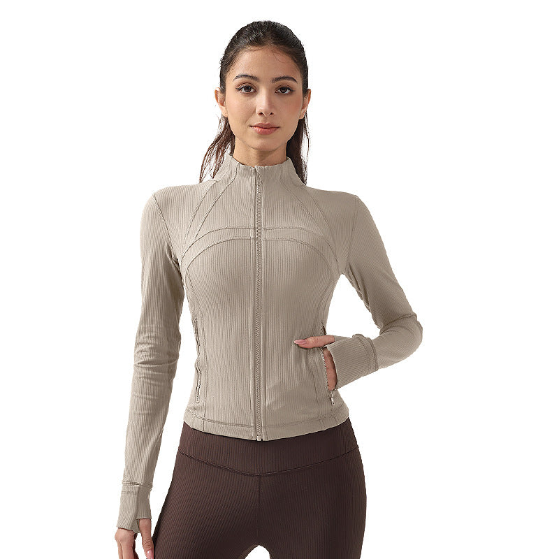 罗纹运动夹克女士百搭立领拉链健身服上衣芯吸速干lulu瑜伽服外套