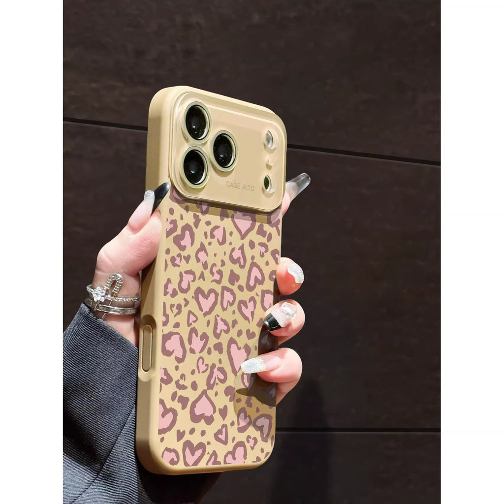 豹纹粉色爱心跨境液态大视窗适用苹果17Promax手机壳iPhone16硅胶