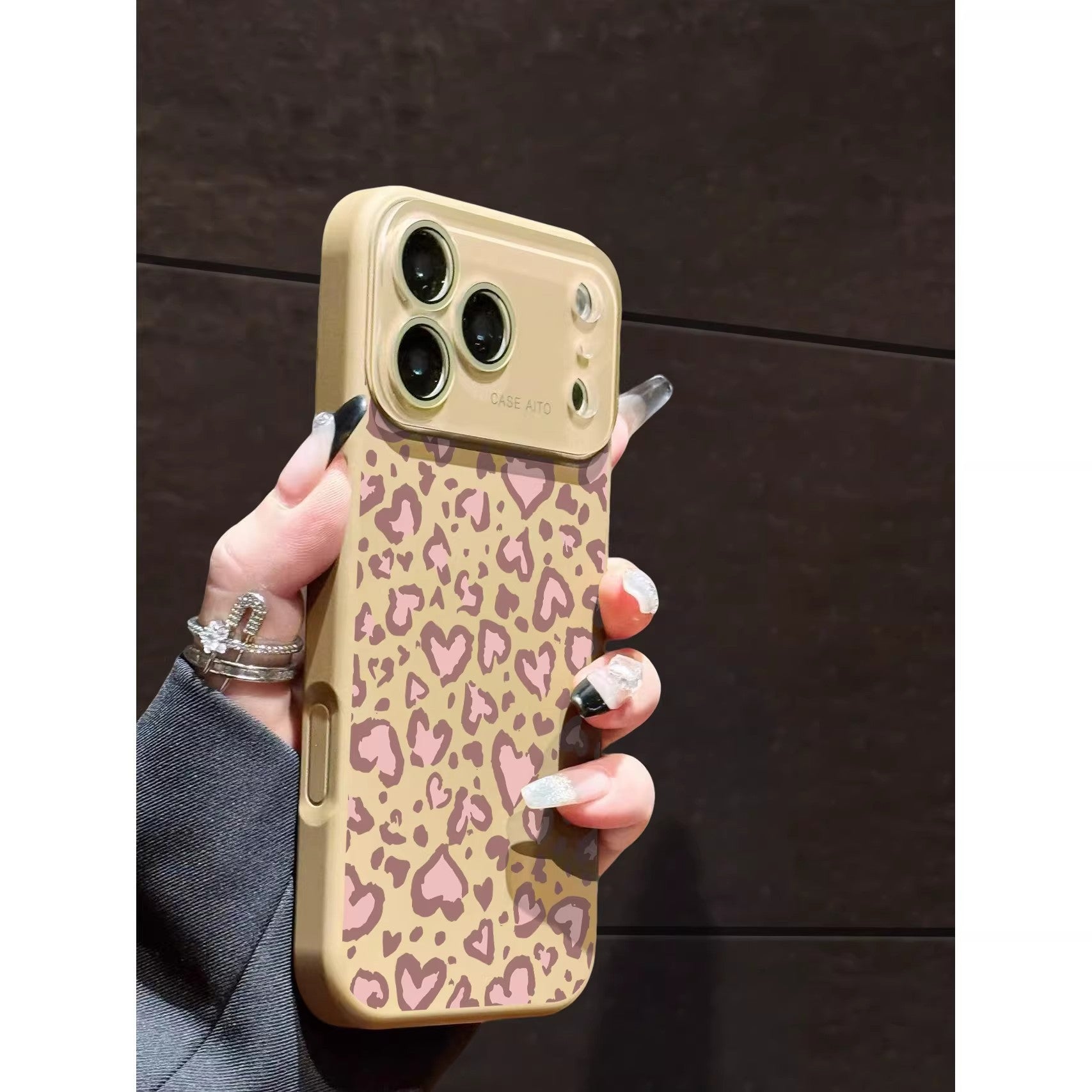 豹纹粉色爱心跨境液态大视窗适用苹果17Promax手机壳iPhone16硅胶