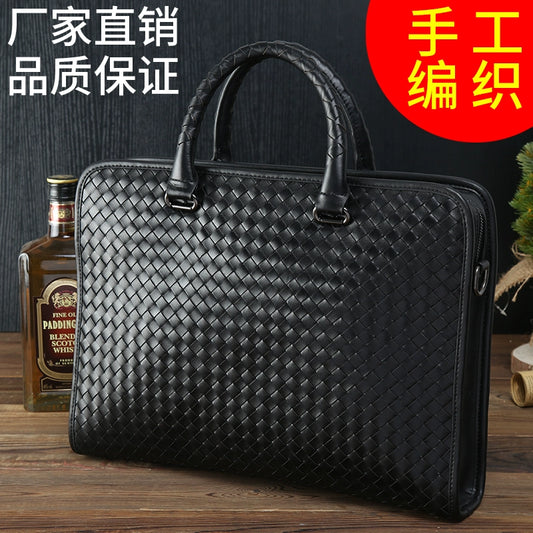 公文包男商务真皮大容量横款头层牛皮编织男包单肩斜挎男士手提包