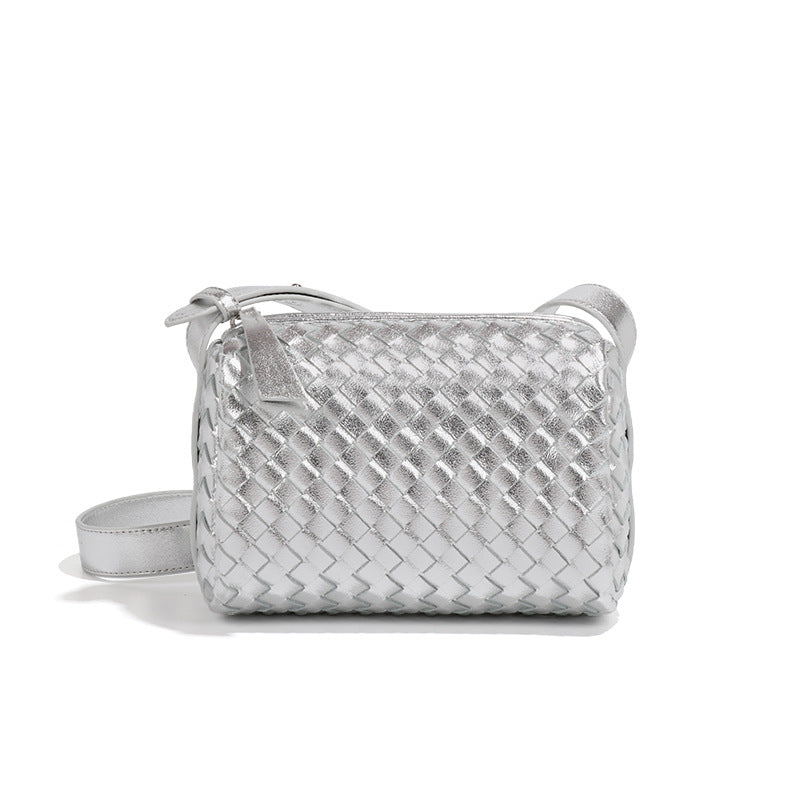 源头工厂直销包包女轻奢风高级质感单肩斜挎编织小方包银色枕头包