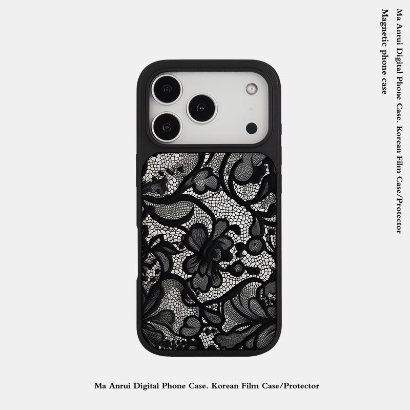 外贸蕾丝花纹适用苹果16pro晶瓷手机壳iPhone17亚克力PC磨砂防摔