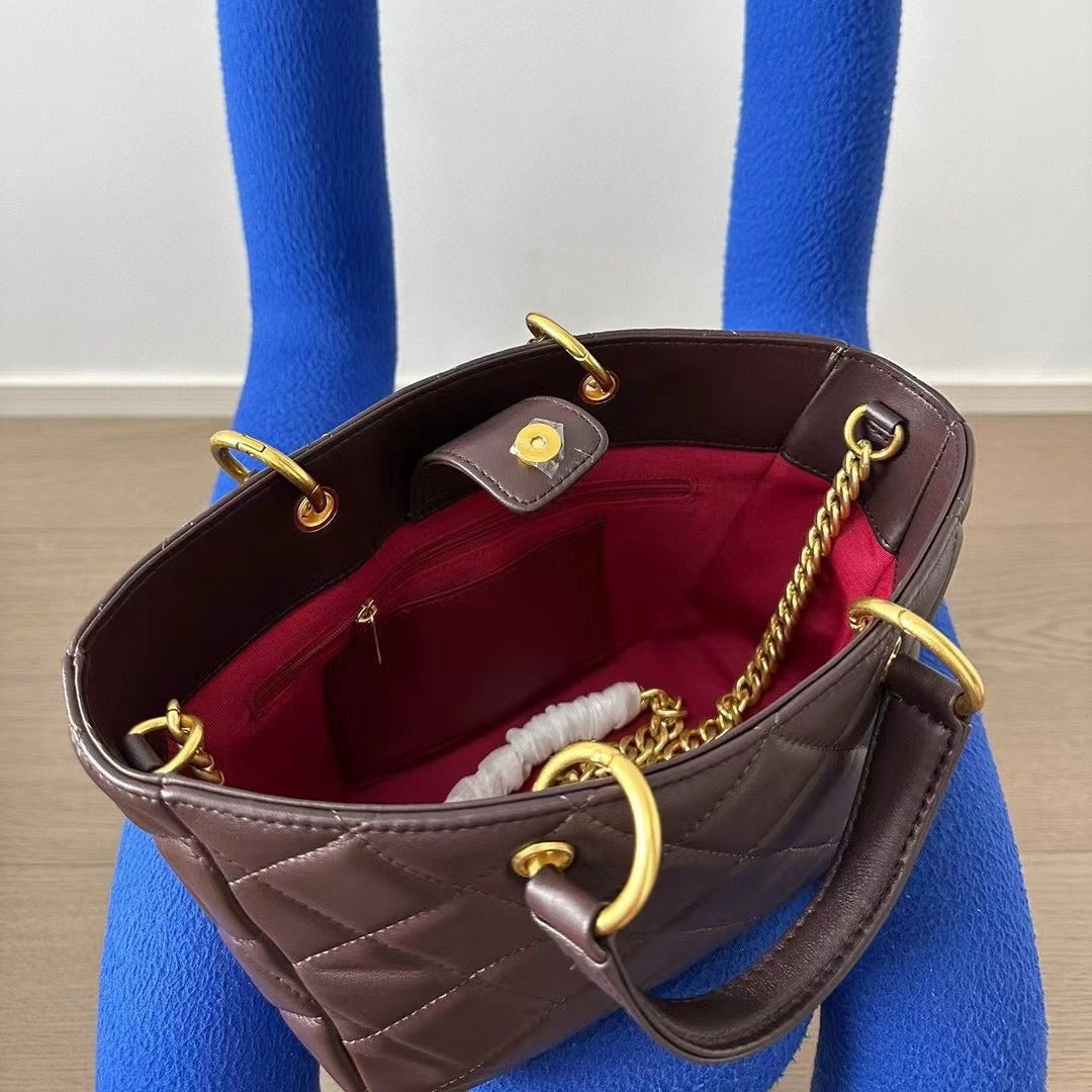 新款真皮菜篮子包时尚复古菱格手提包休闲百搭单肩斜挎托特包女