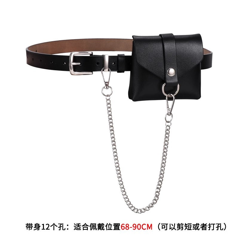 腰包腰带女高级感链条真皮装饰大衣配连衣裙子西装朋克小皮带黑色