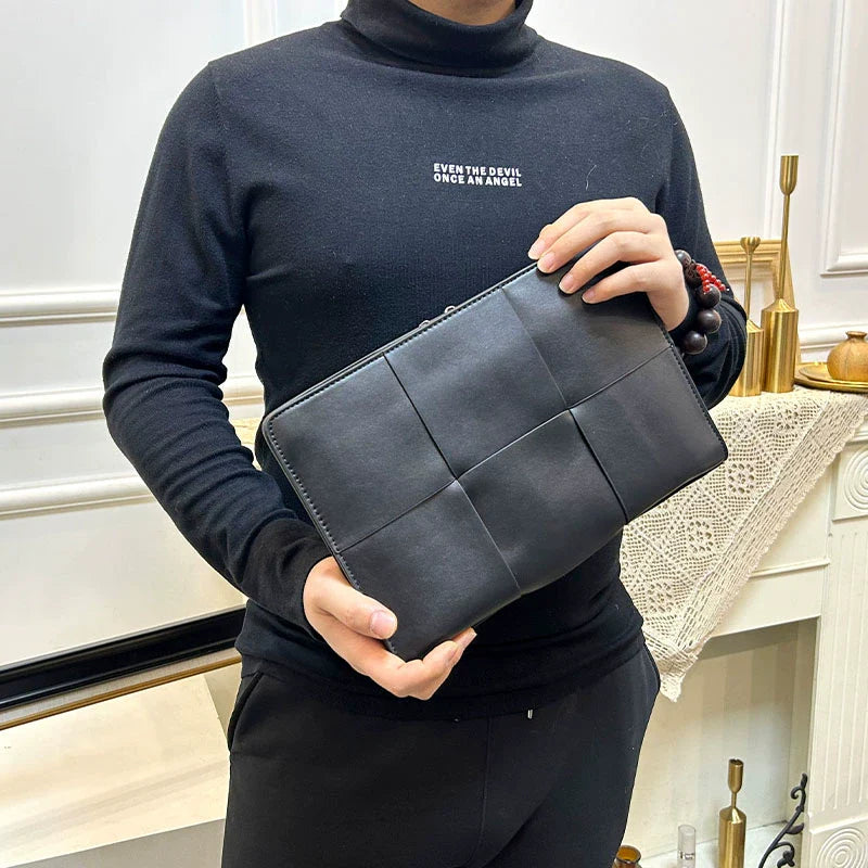 X&BV新款大牌手包男真皮大容量编织商务休闲男士手拿包信封包男潮