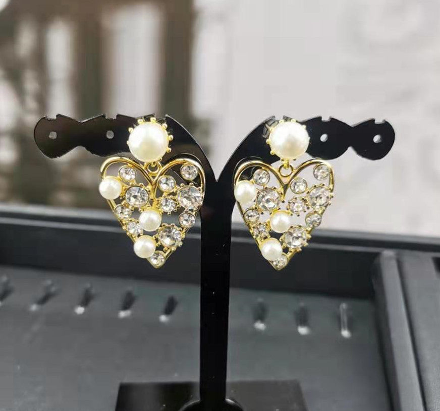 赛家耳环爱心镂空满钻珍珠珍珠水晶闪闪时尚气质欧美心形耳钉女