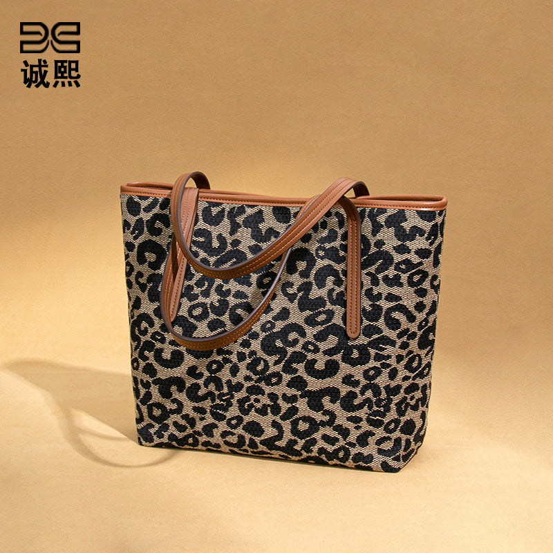 通勤大容量新款豹纹单肩腋下包女士秋冬复古手提包时尚潮流托特包