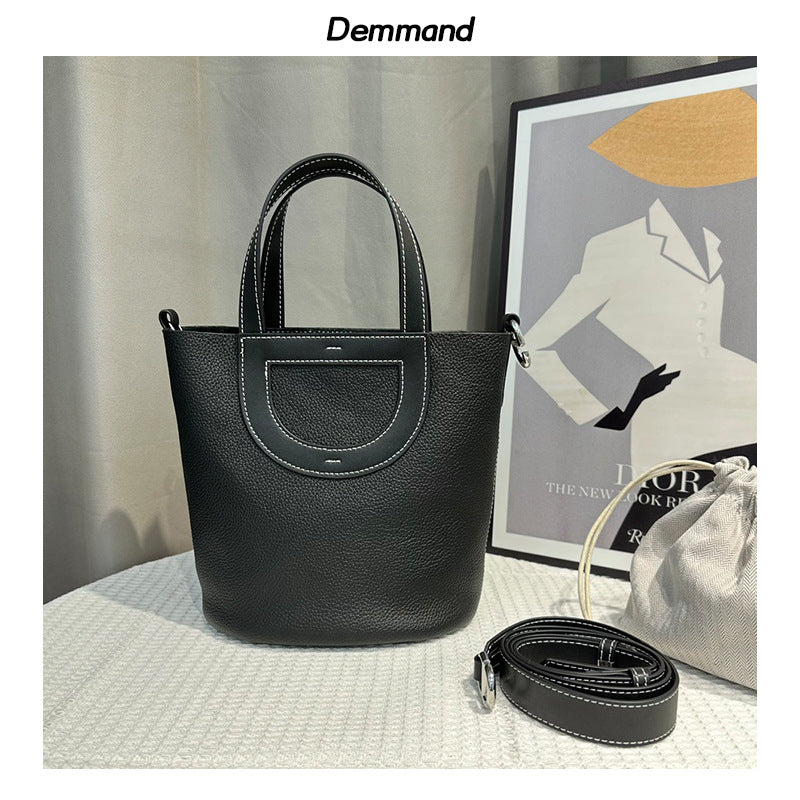 头层牛皮菜篮子手提包宽肩带包包女包高级简约百搭感单肩斜挎包