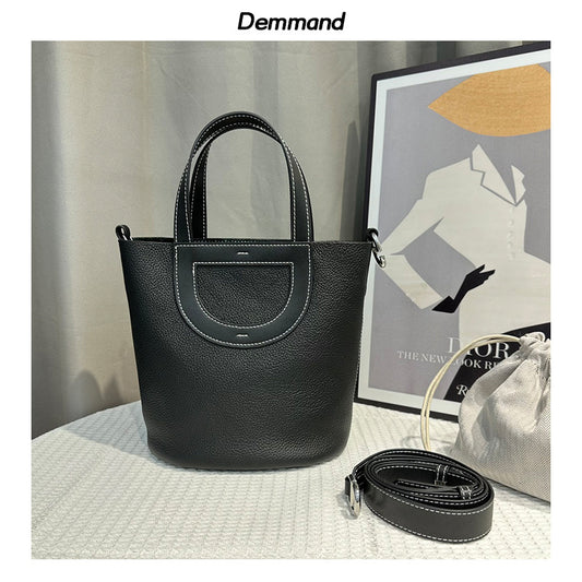 头层牛皮菜篮子手提包宽肩带包包女包高级简约百搭感单肩斜挎包