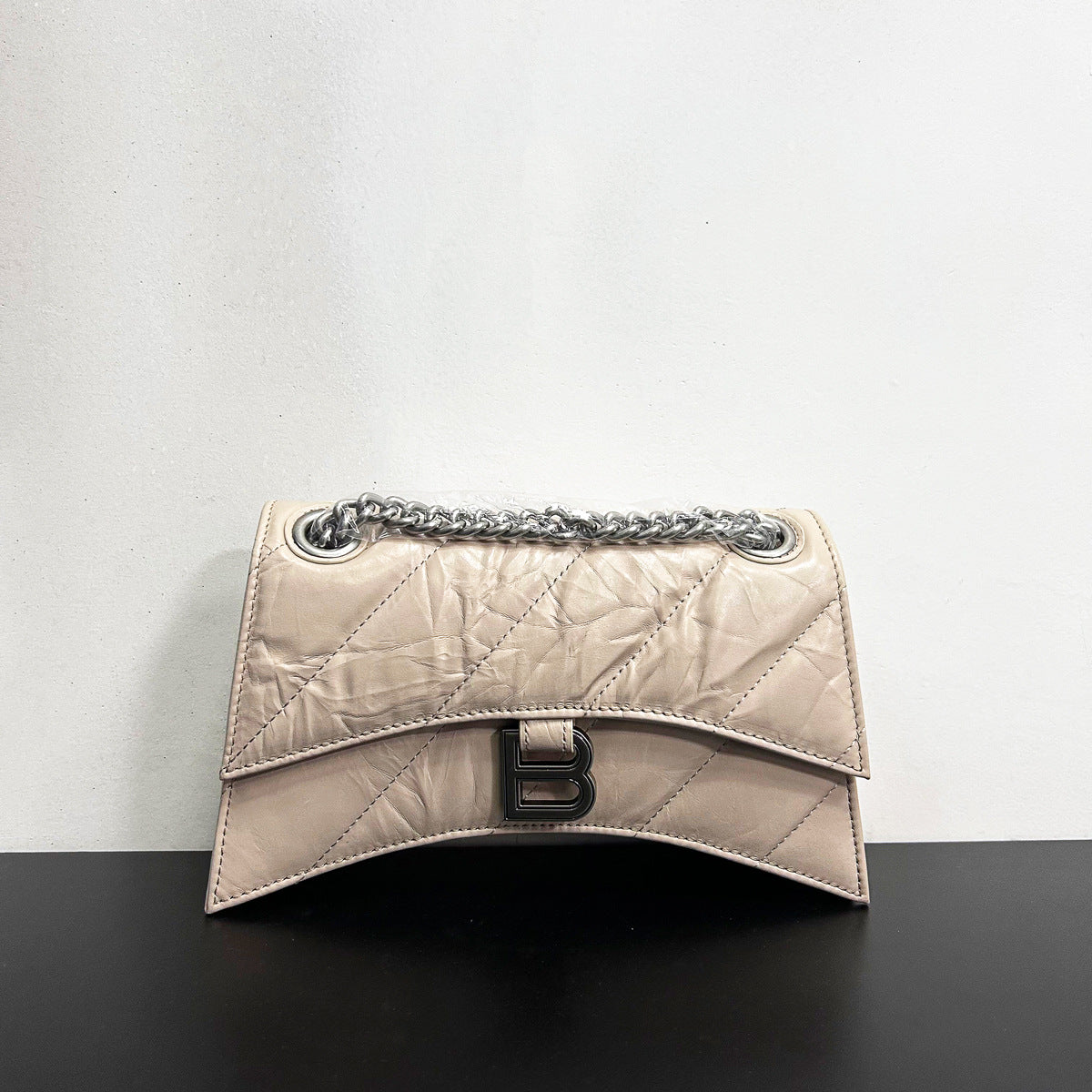 头层牛皮沙漏包2022秋冬新款褶皱菱格链条包b家单肩斜挎女通勤